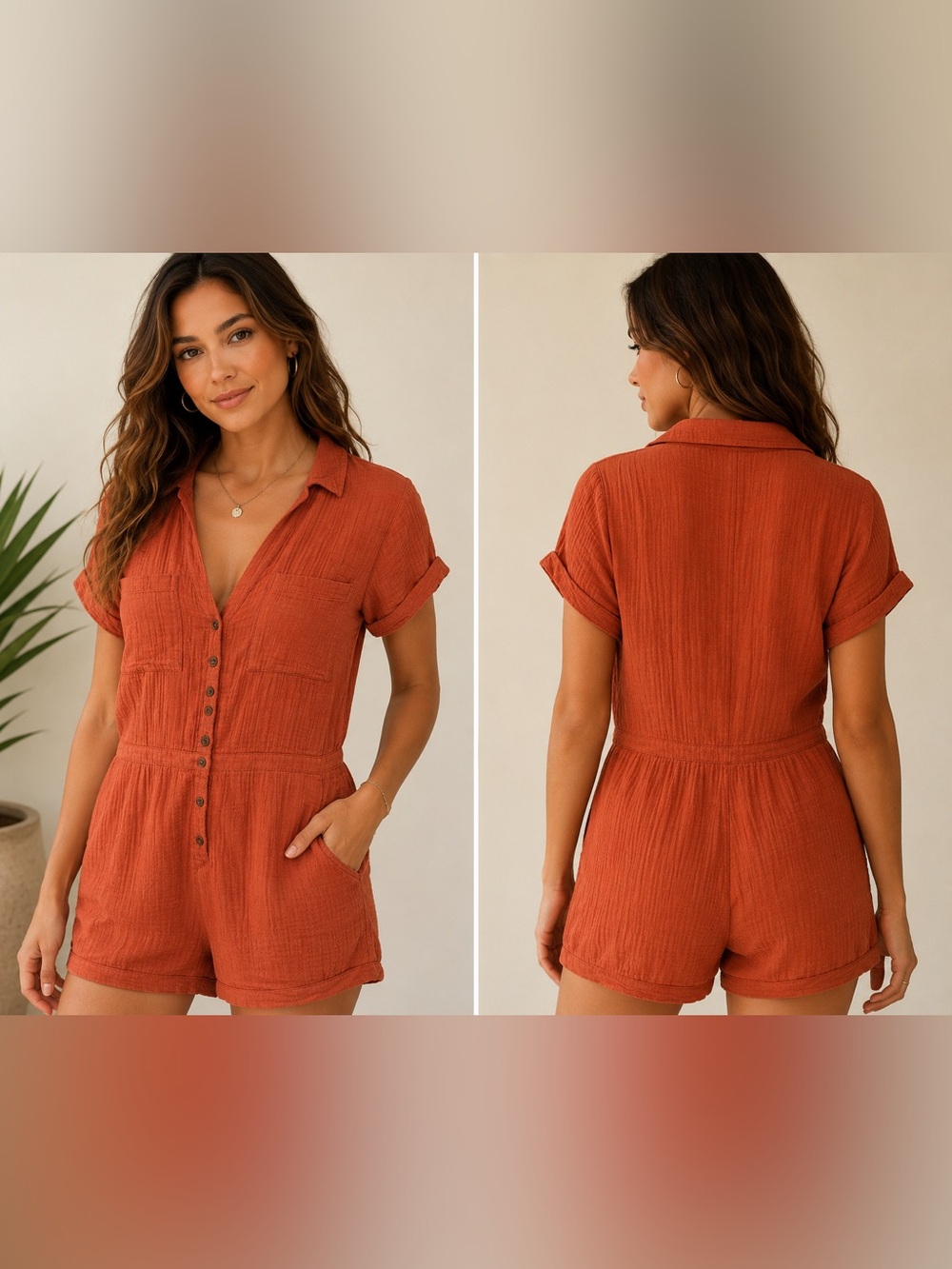 Abercrombie & Fitch Rust Orange Short-Sleeve Button Romper